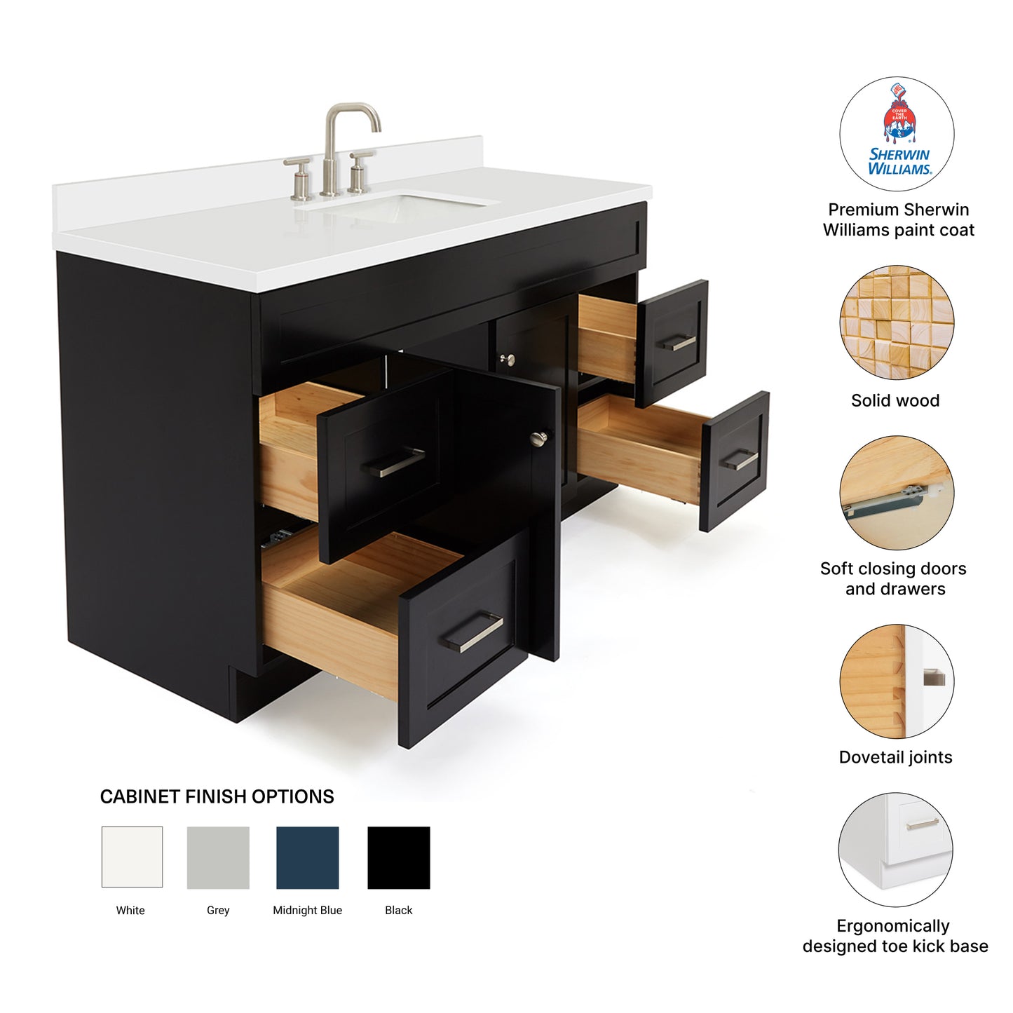 Bradford 60-Inch Black bathroom vanity – feature highlights: solid wood frame, soft-close doors and drawers, Sherwin-Williams paint finish