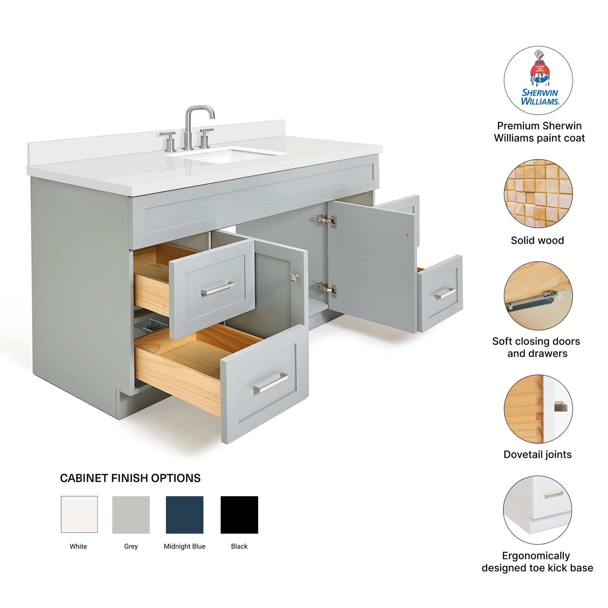 Bradford 60-Inch Grey bathroom vanity – feature highlights: solid wood frame, soft-close doors and drawers, Sherwin-Williams paint finish