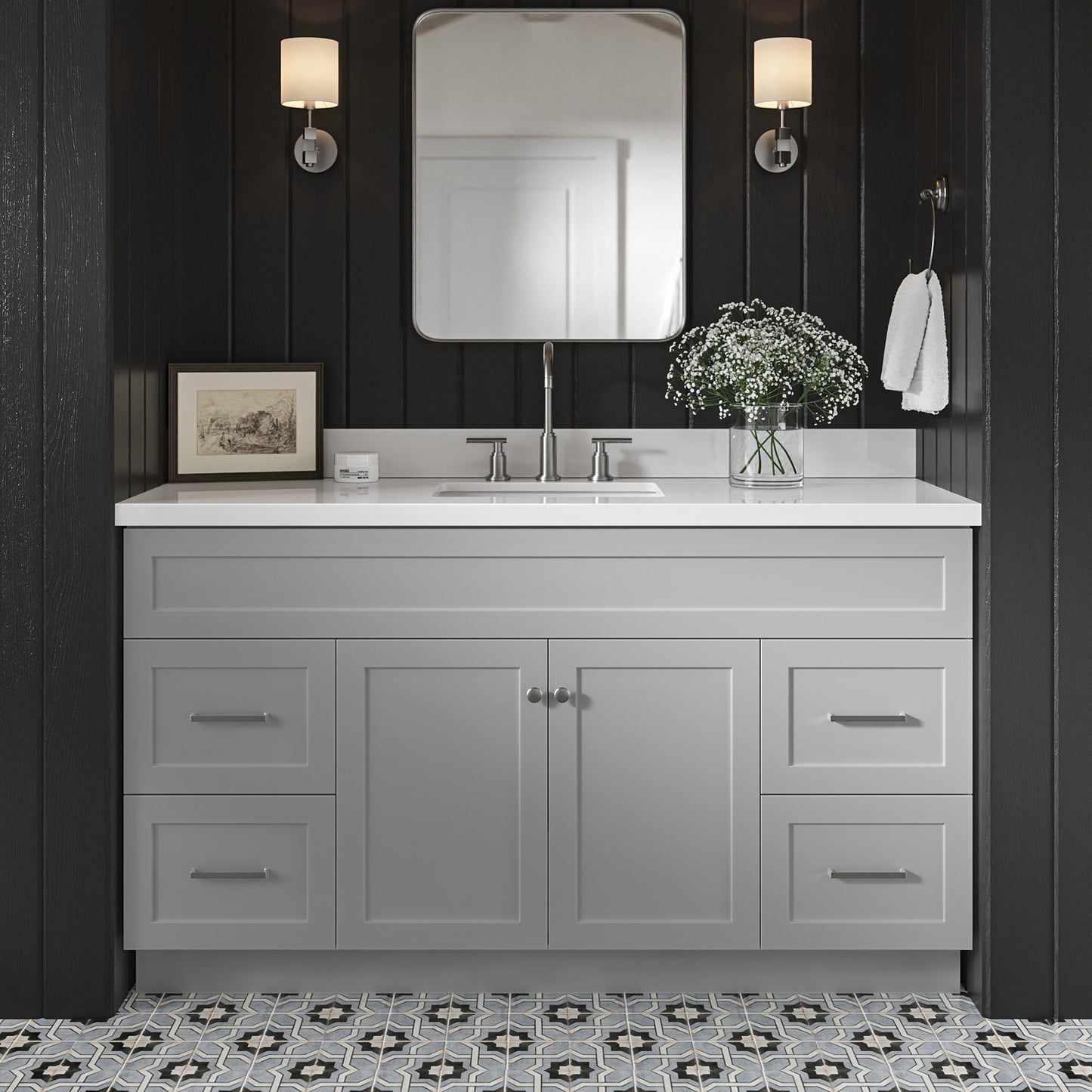 Bradford 60-Inch Grey bathroom vanity in styled bathroom setting