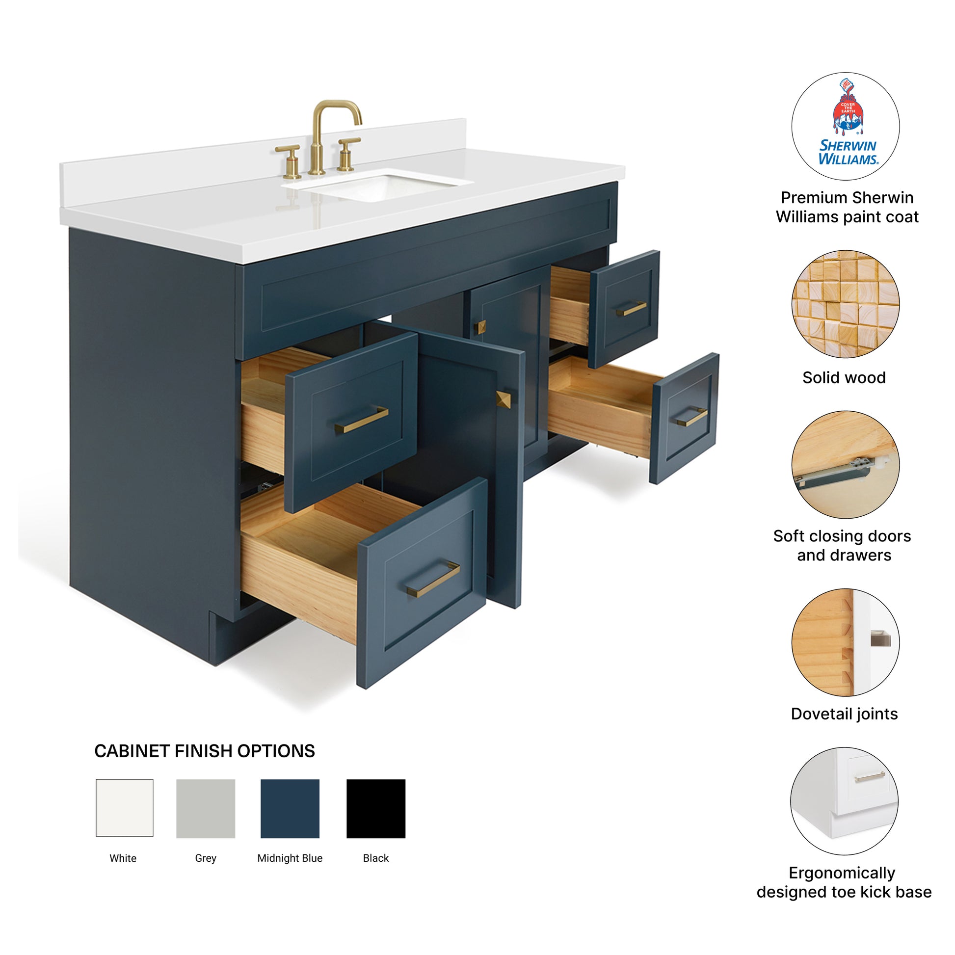 Bradford 60-Inch Midnight Blue bathroom vanity – feature highlights: solid wood frame, soft-close doors and drawers, Sherwin-Williams paint finish