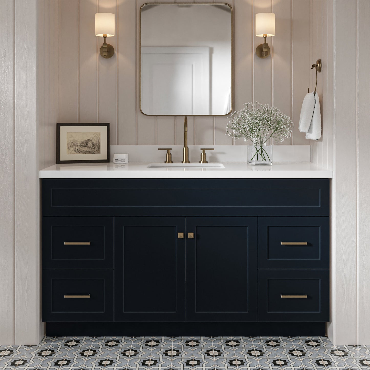 Bradford 60-Inch Midnight Blue bathroom vanity in styled bathroom setting