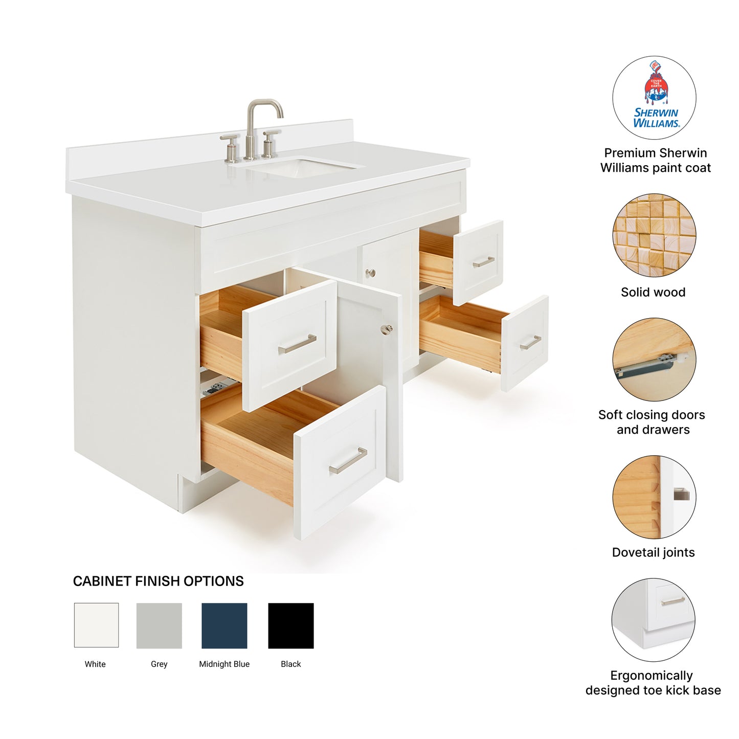 Bradford 60-Inch White bathroom vanity – feature highlights: solid wood frame, soft-close doors and drawers, Sherwin-Williams paint finish
