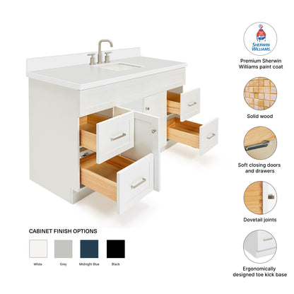 Bradford 60-Inch White bathroom vanity – feature highlights: solid wood frame, soft-close doors and drawers, Sherwin-Williams paint finish