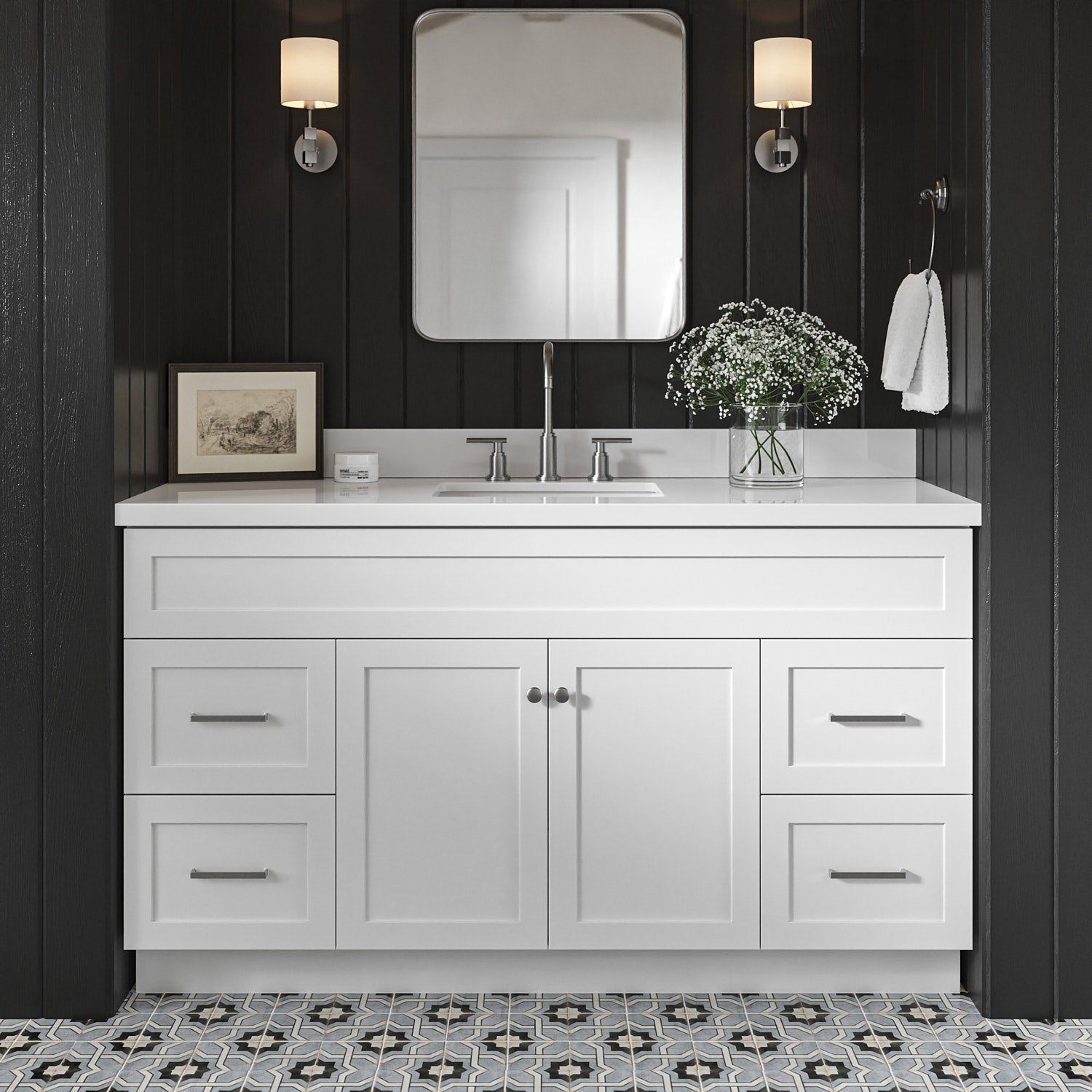 Bradford 60-Inch White bathroom vanity in styled bathroom setting