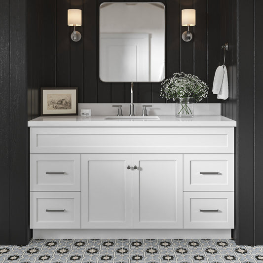 Bradford 60-Inch White bathroom vanity in styled bathroom setting