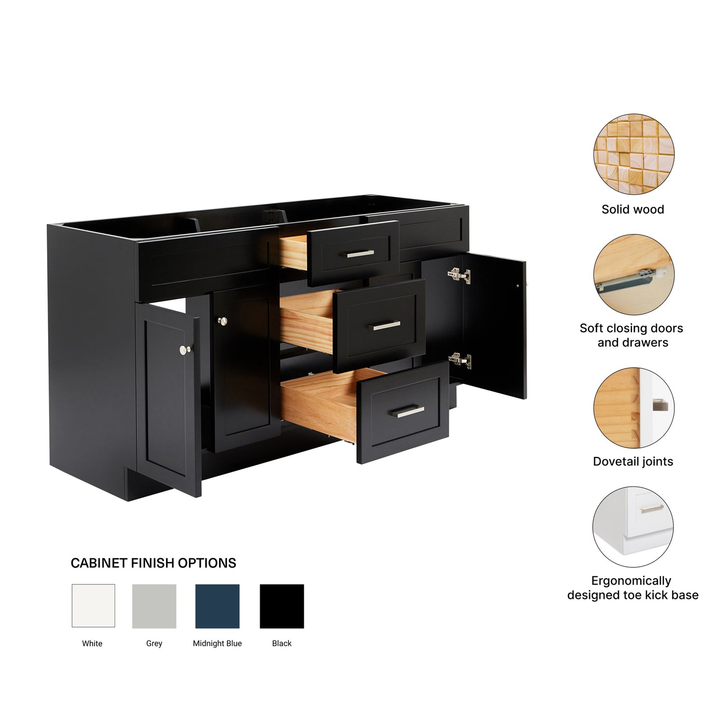 Bradford 66-inch Black base cabinet on feature highlights: solid wood frame, soft-close doors and drawers, Sherwin-Williams paint finish