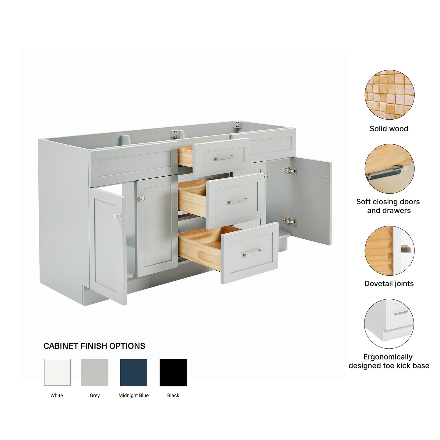Bradford 66-inch Grey base cabinet on feature highlights: solid wood frame, soft-close doors and drawers, Sherwin-Williams paint finish