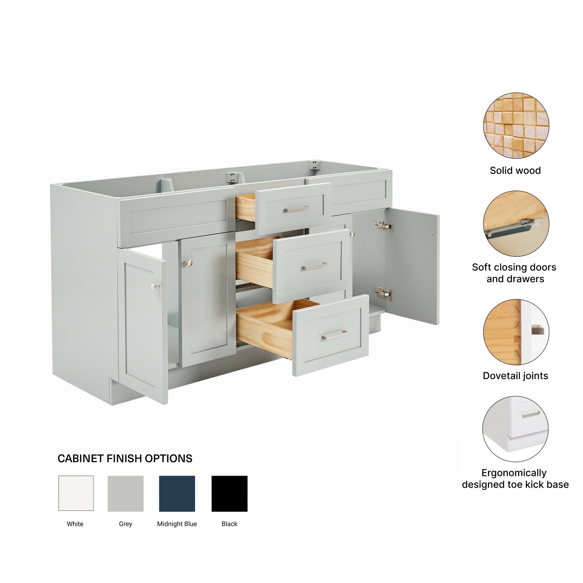 Bradford 66-inch Grey base cabinet on feature highlights: solid wood frame, soft-close doors and drawers, Sherwin-Williams paint finish