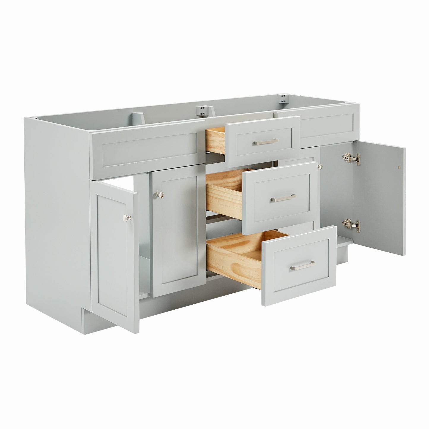 Bradford 66-inch Grey base cabinet on white back ground side view open door