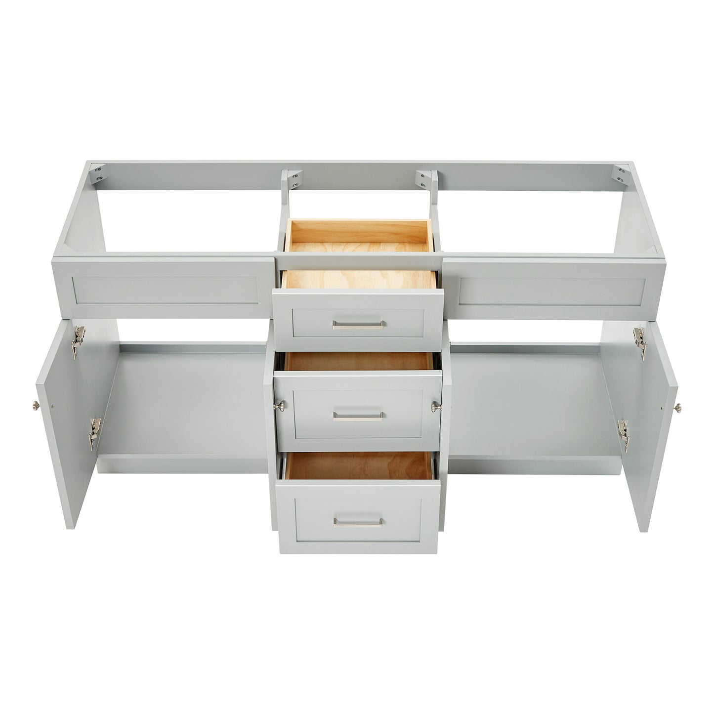 Bradford 66-inch Grey base cabinet on white back ground front view open door