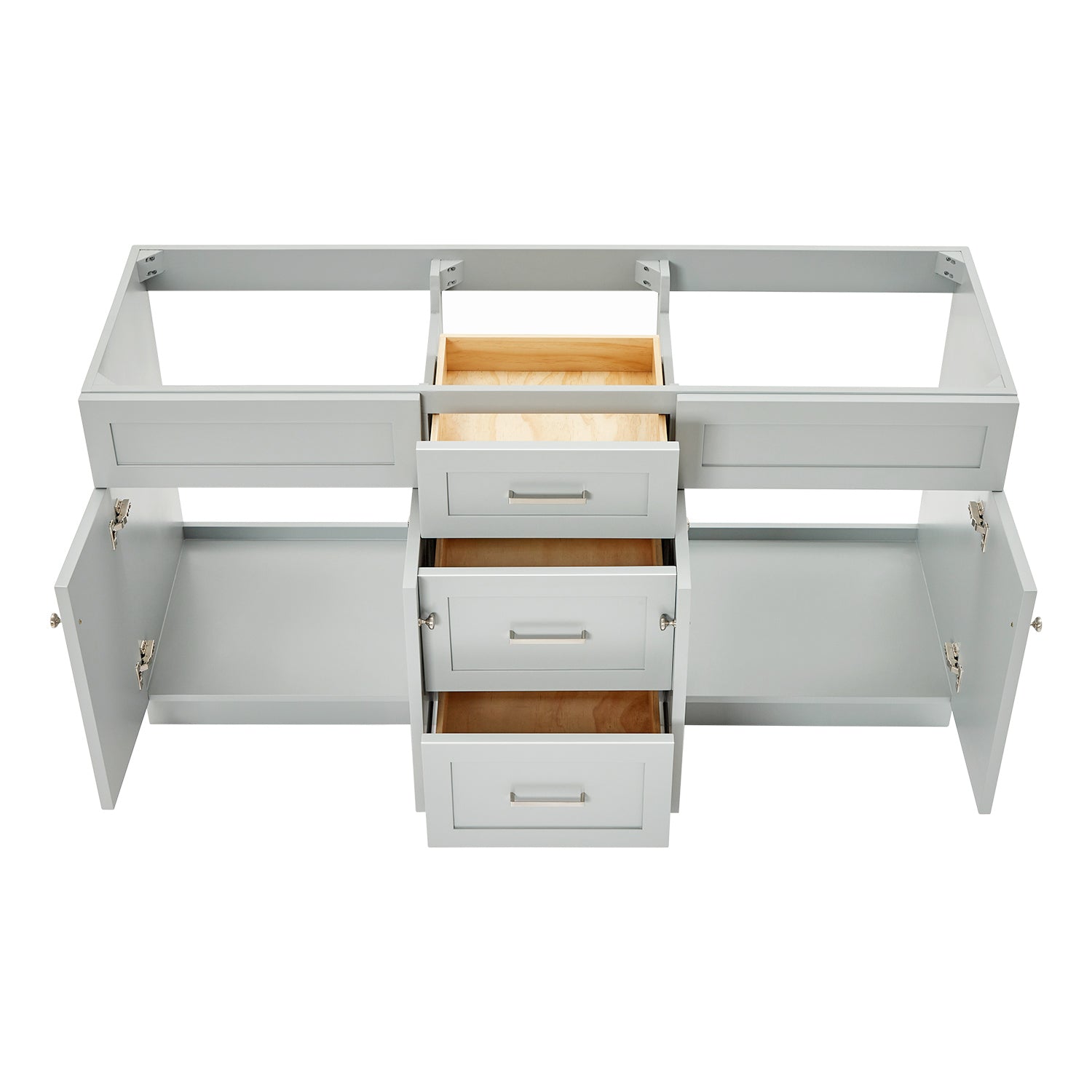 Bradford 66-inch Grey base cabinet on white back ground front view open door