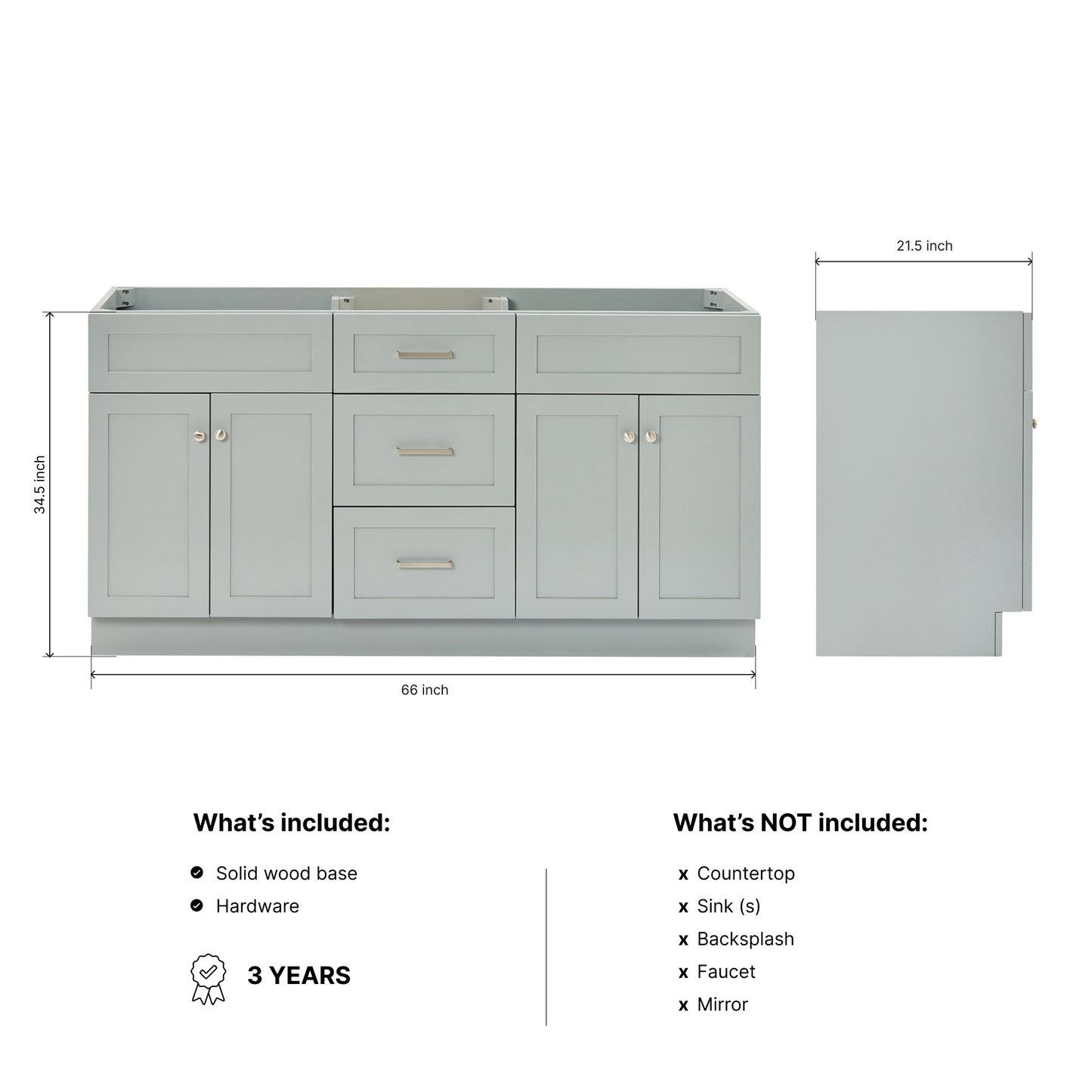 Bradford 66-inch Grey base cabinet on dimensions