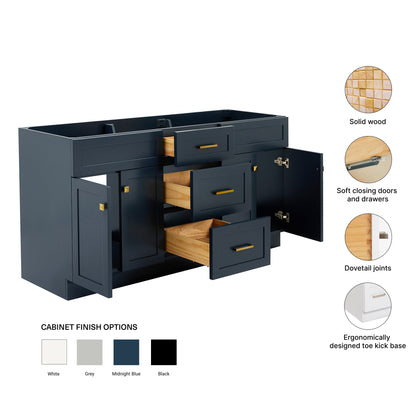 Bradford 66-inch Midnight Blue base cabinet on feature highlights: solid wood frame, soft-close doors and drawers, Sherwin-Williams paint finish