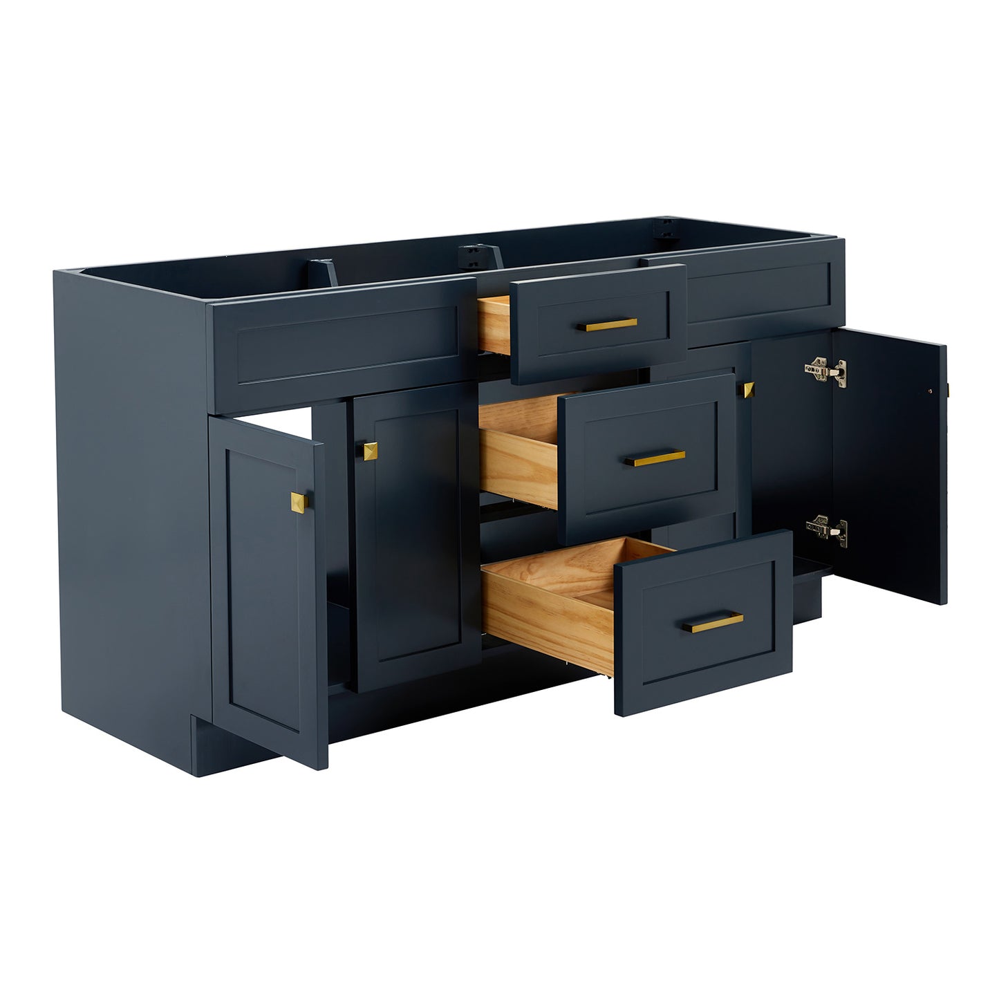Bradford 66-inch Midnight Blue base cabinet on white back ground side view open door