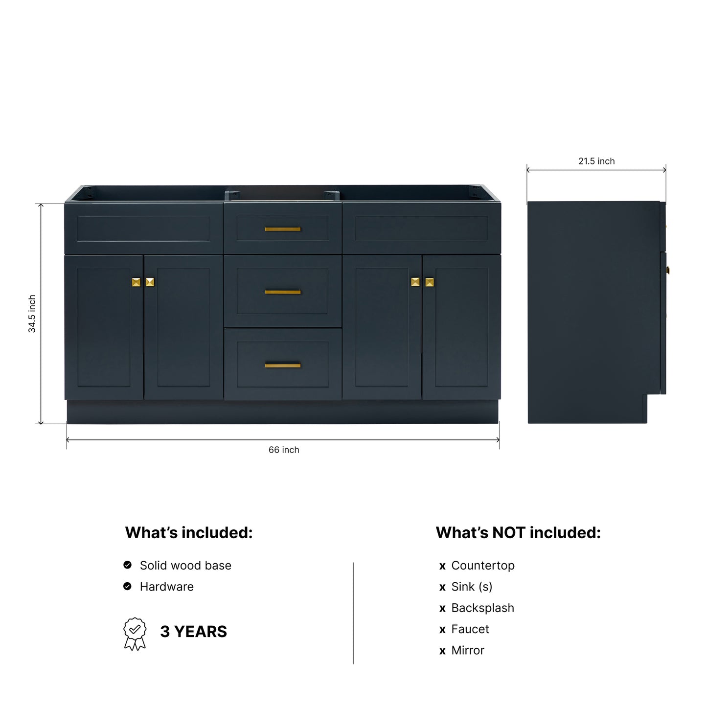 Bradford 66-inch Midnight Blue base cabinet on dimensions