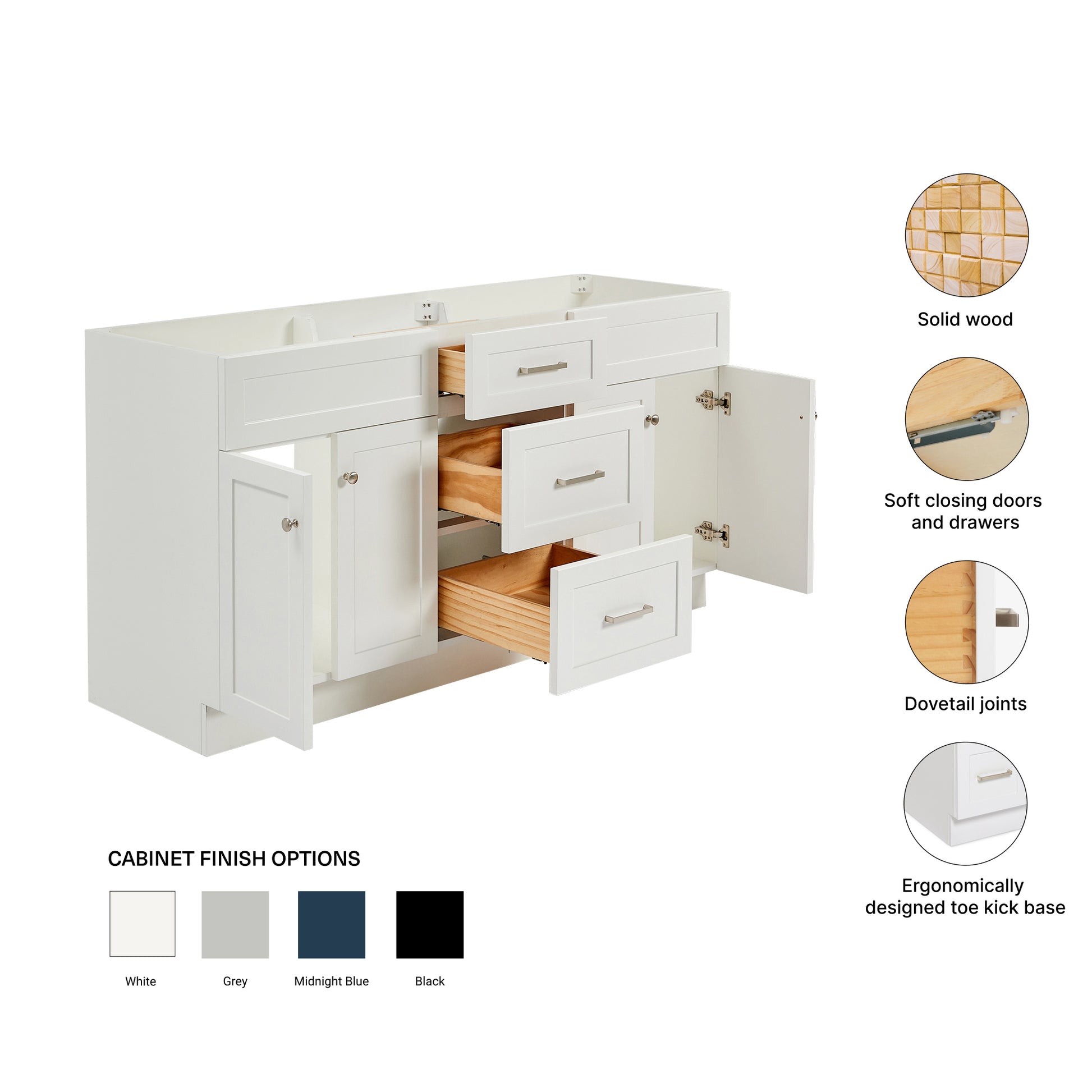 Bradford 66-inch White base cabinet on feature highlights: solid wood frame, soft-close doors and drawers, Sherwin-Williams paint finish