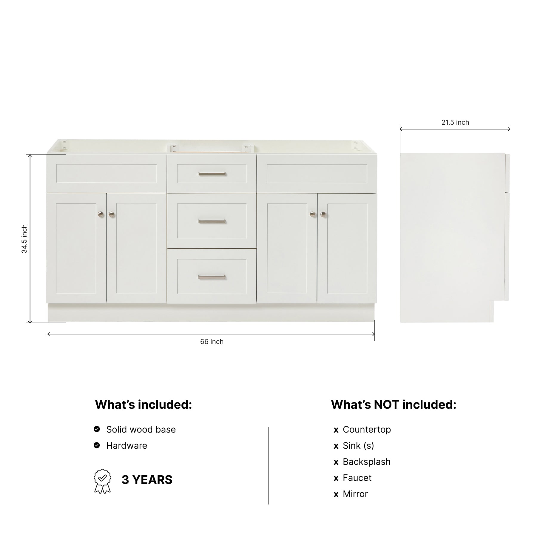 Bradford 66-inch White base cabinet on dimensions