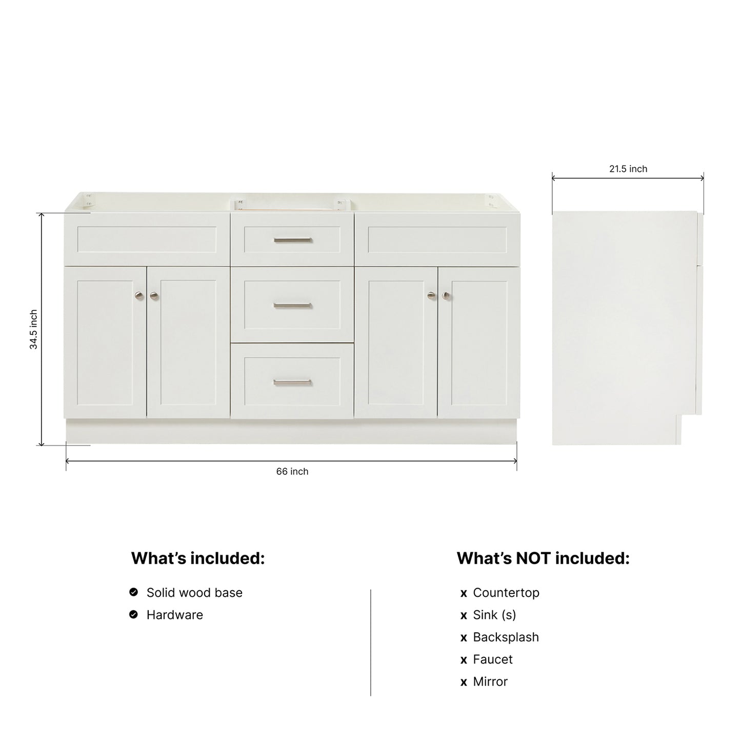Bradford 66-inch White base cabinet on dimensions