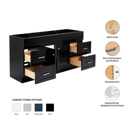 Bradford 66-inch Black base cabinet on feature highlights: solid wood frame, soft-close doors and drawers, Sherwin-Williams paint finish