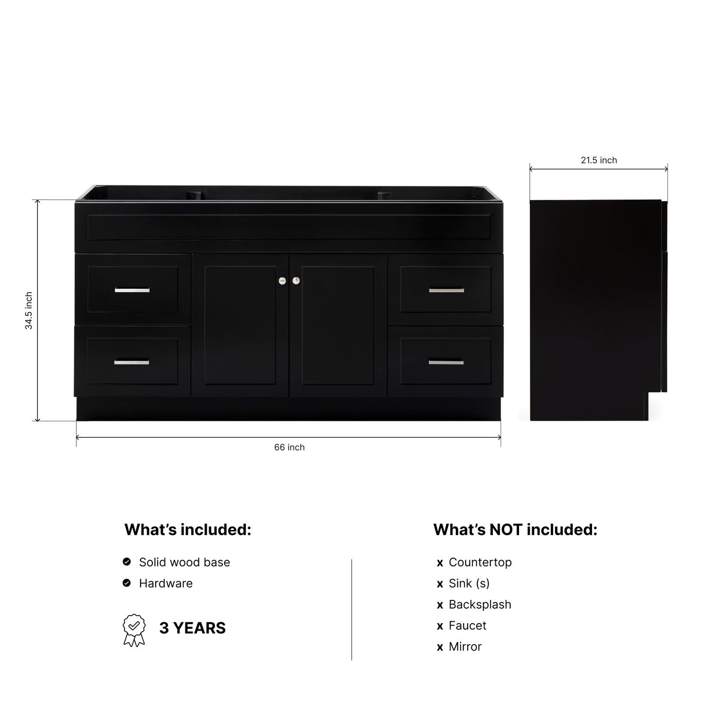 Bradford 66-inch Black base cabinet on dimensions