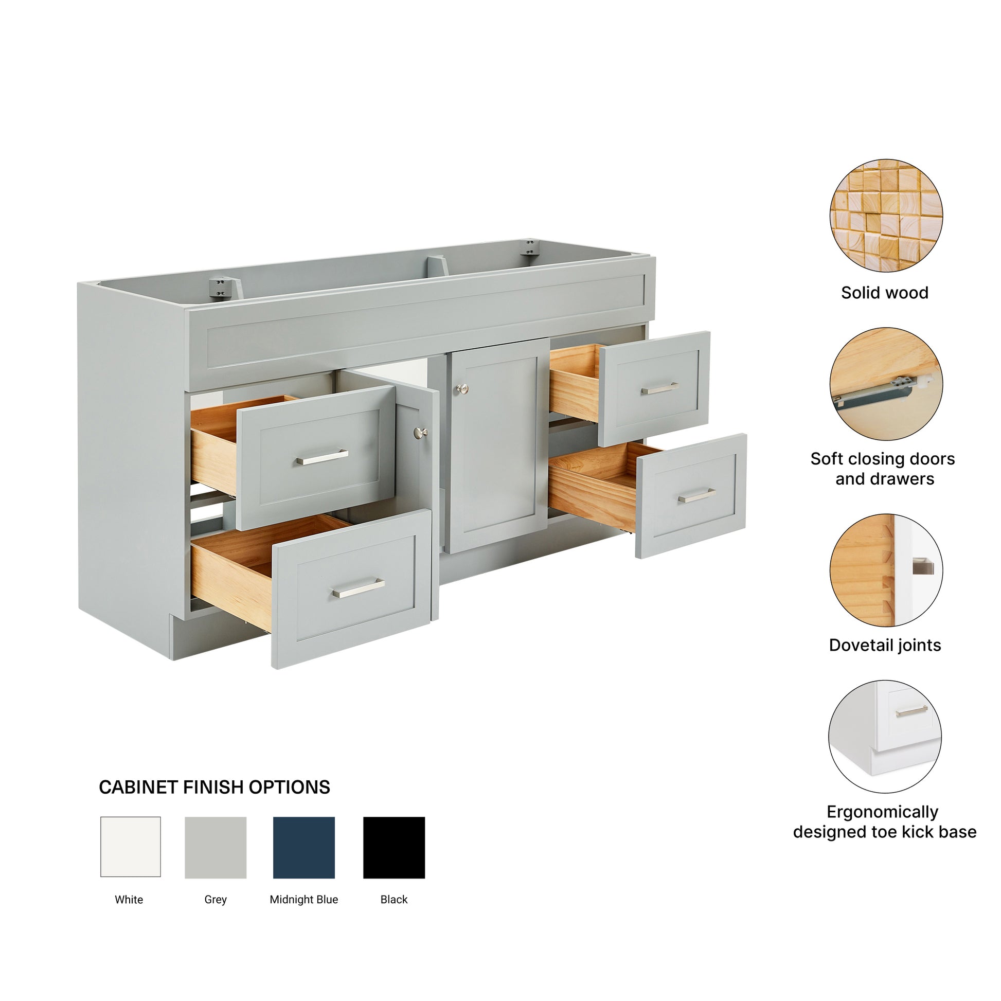 Bradford 66-inch Grey base cabinet on feature highlights: solid wood frame, soft-close doors and drawers, Sherwin-Williams paint finish