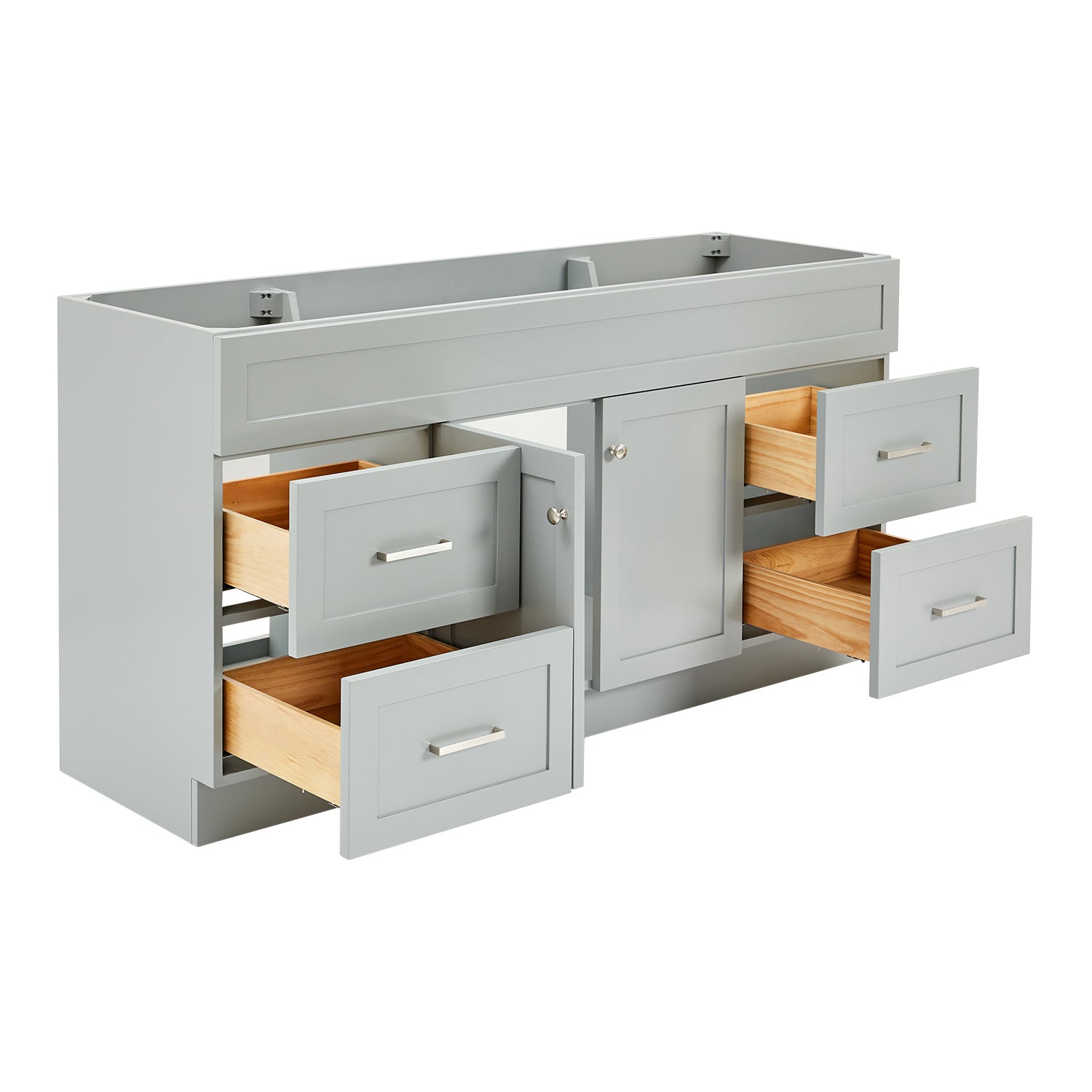 Bradford 66-inch Grey base cabinet on white back ground side view open door