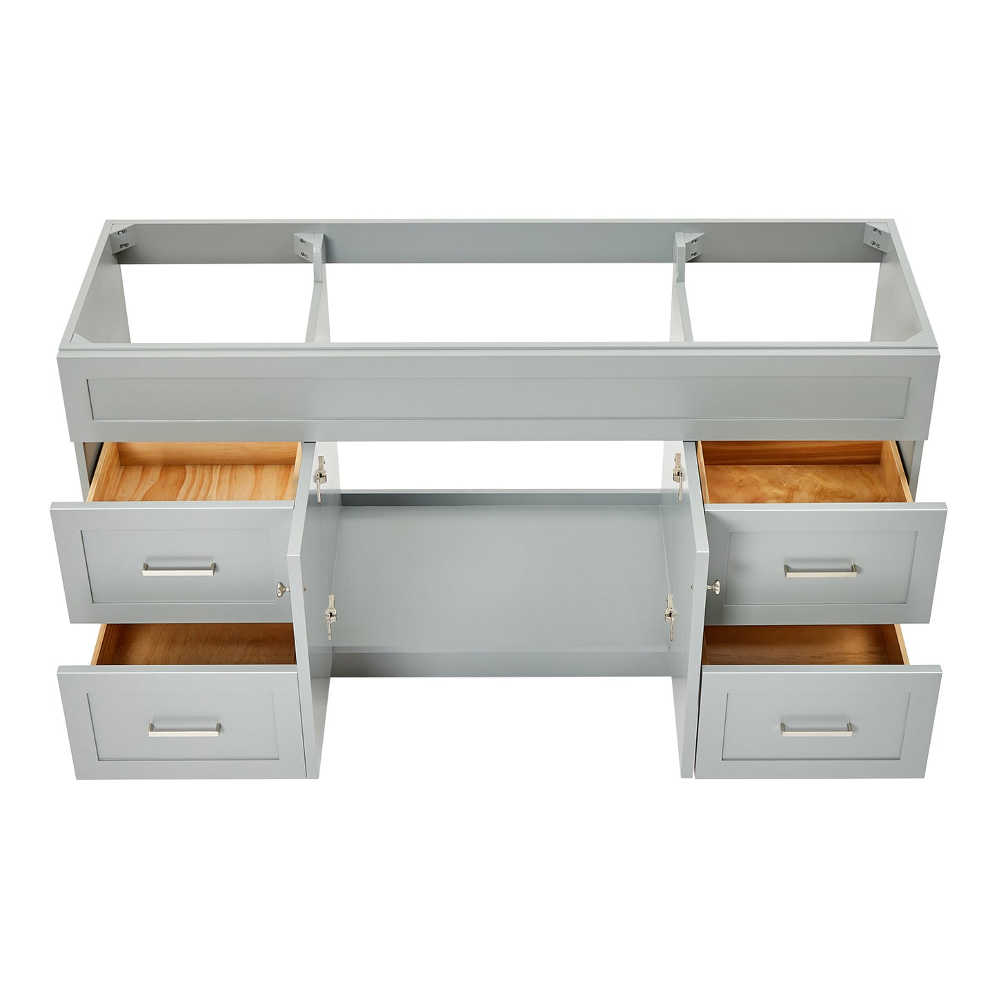 Bradford 66-inch Grey base cabinet on white back ground front view open door