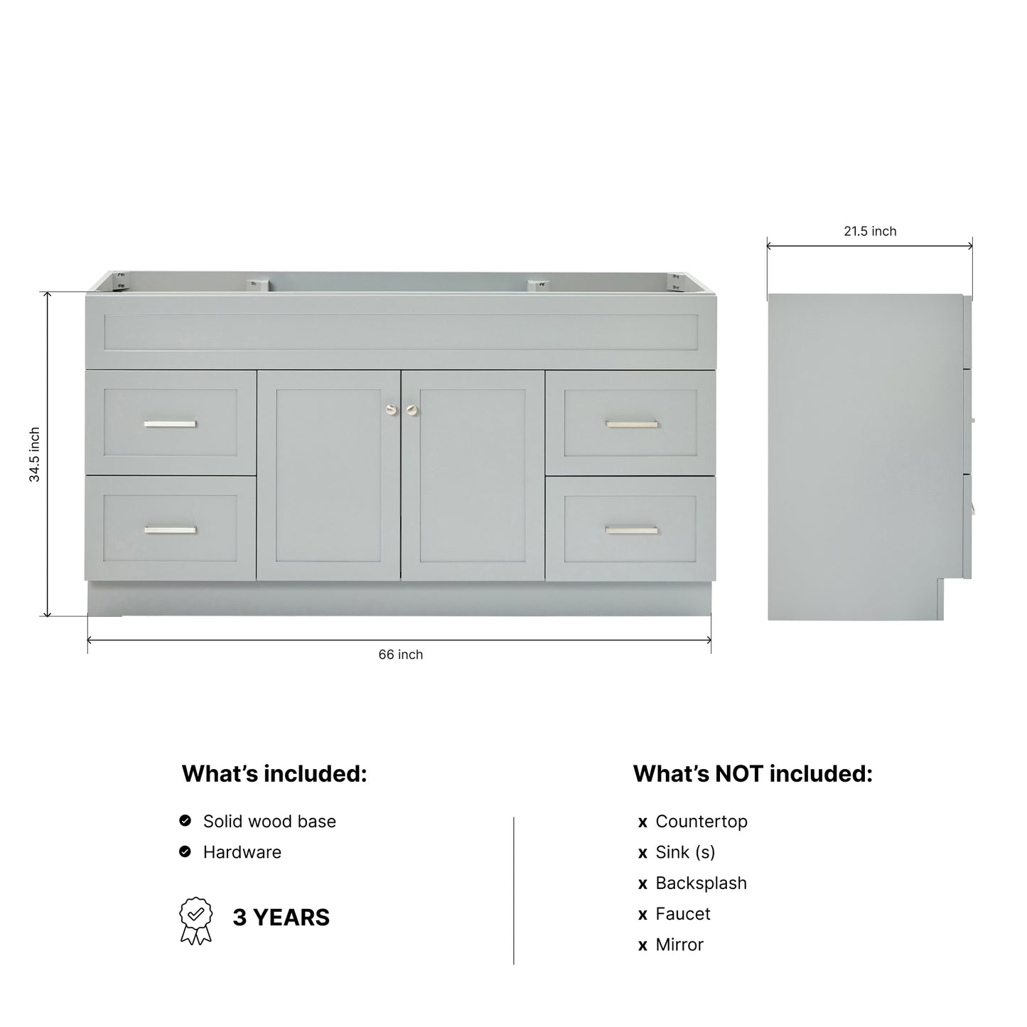Bradford 66-inch Grey base cabinet on dimensions