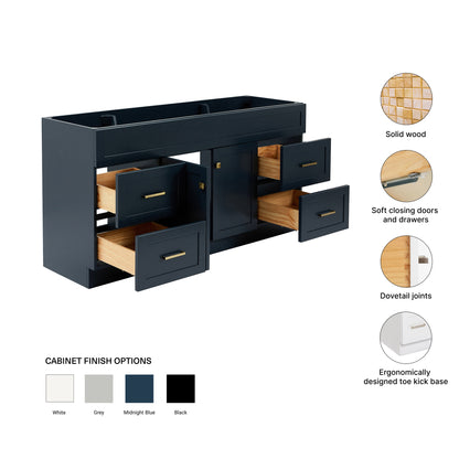 Bradford 66-inch Midnight Blue base cabinet on feature highlights: solid wood frame, soft-close doors and drawers, Sherwin-Williams paint finish