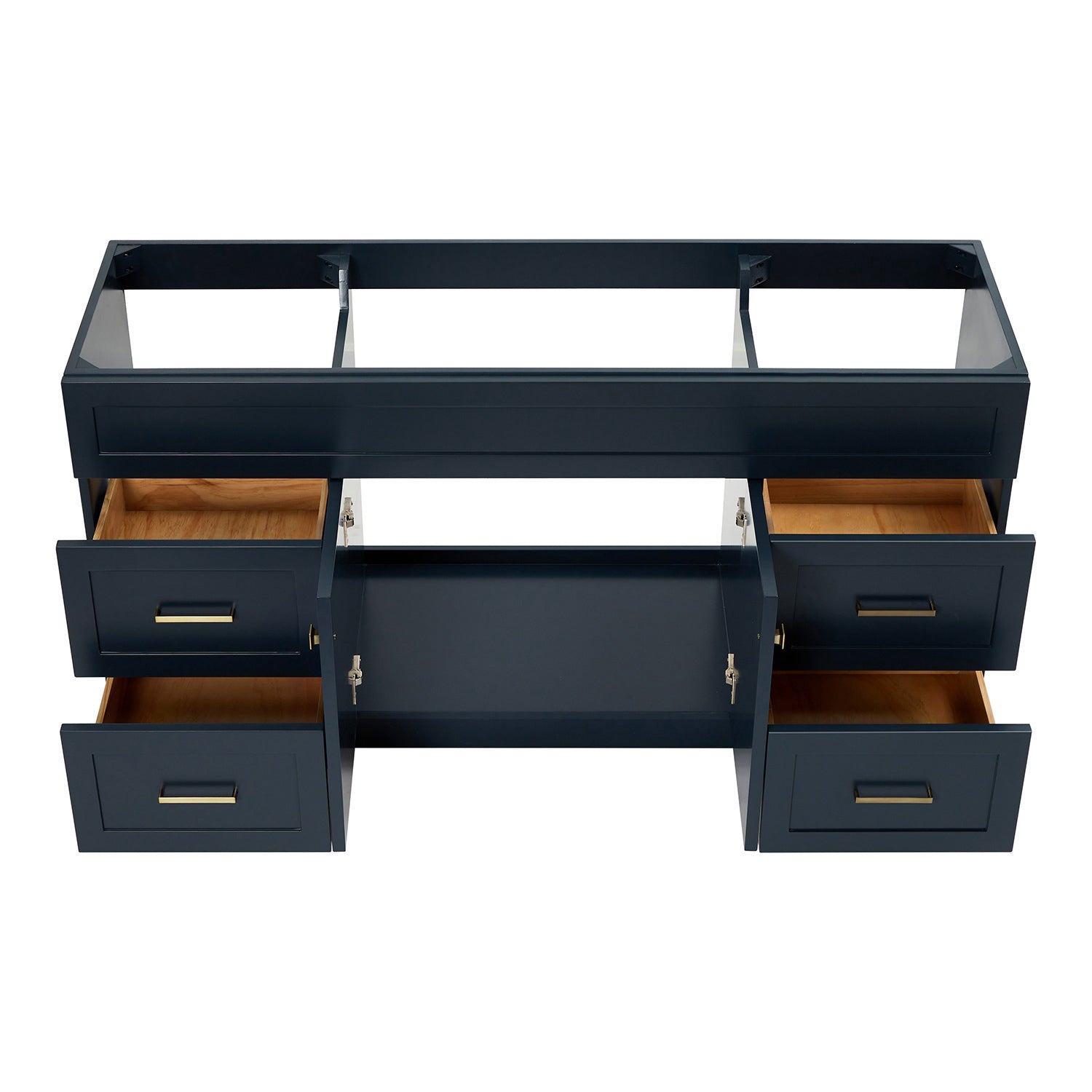 Bradford 66-inch Midnight Blue base cabinet on white back ground front view open door