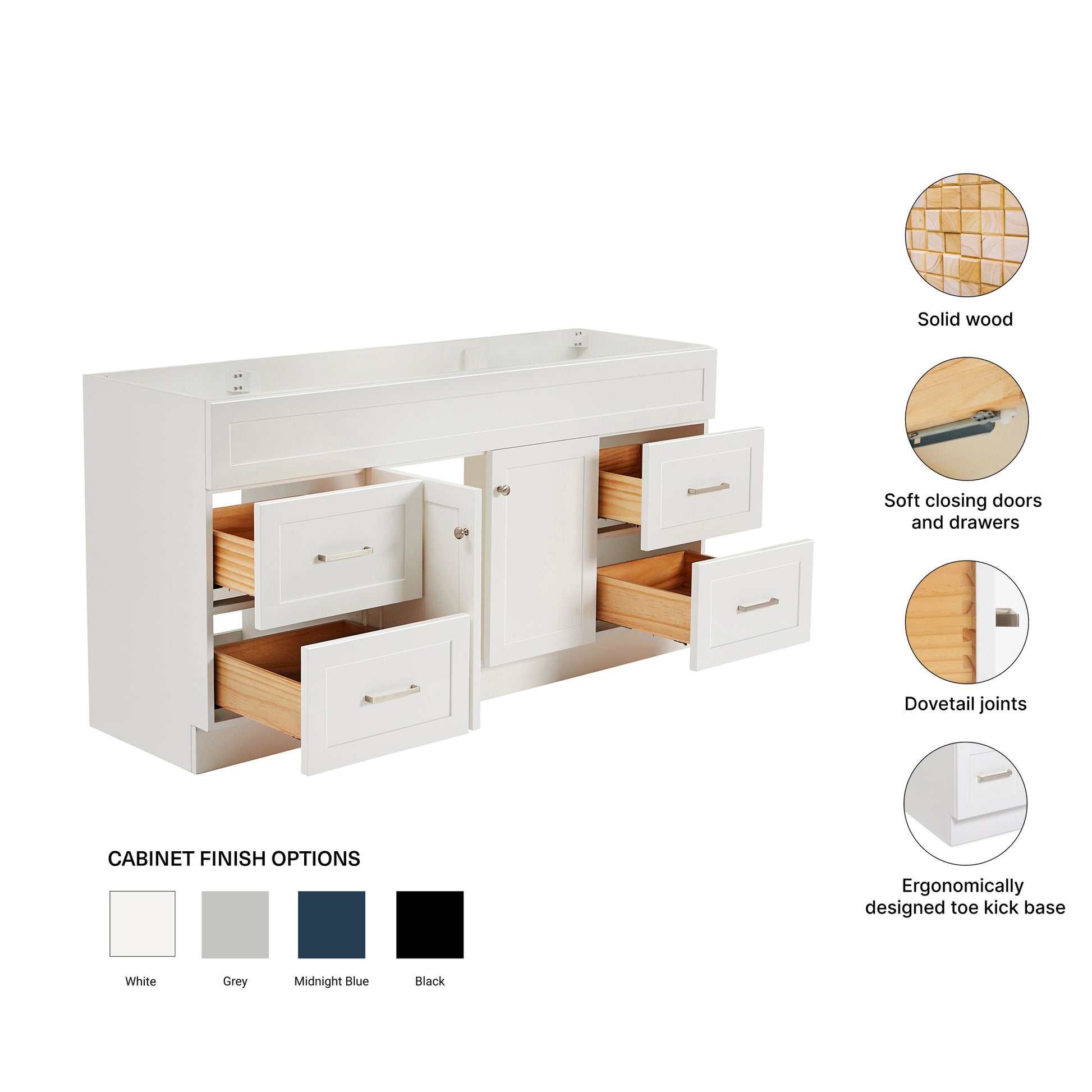 Bradford 66-inch White base cabinet on feature highlights: solid wood frame, soft-close doors and drawers, Sherwin-Williams paint finish