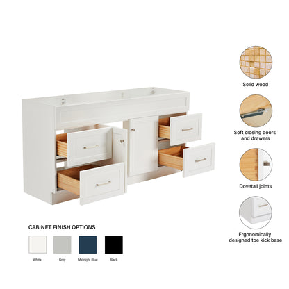 Bradford 66-inch White base cabinet on feature highlights: solid wood frame, soft-close doors and drawers, Sherwin-Williams paint finish