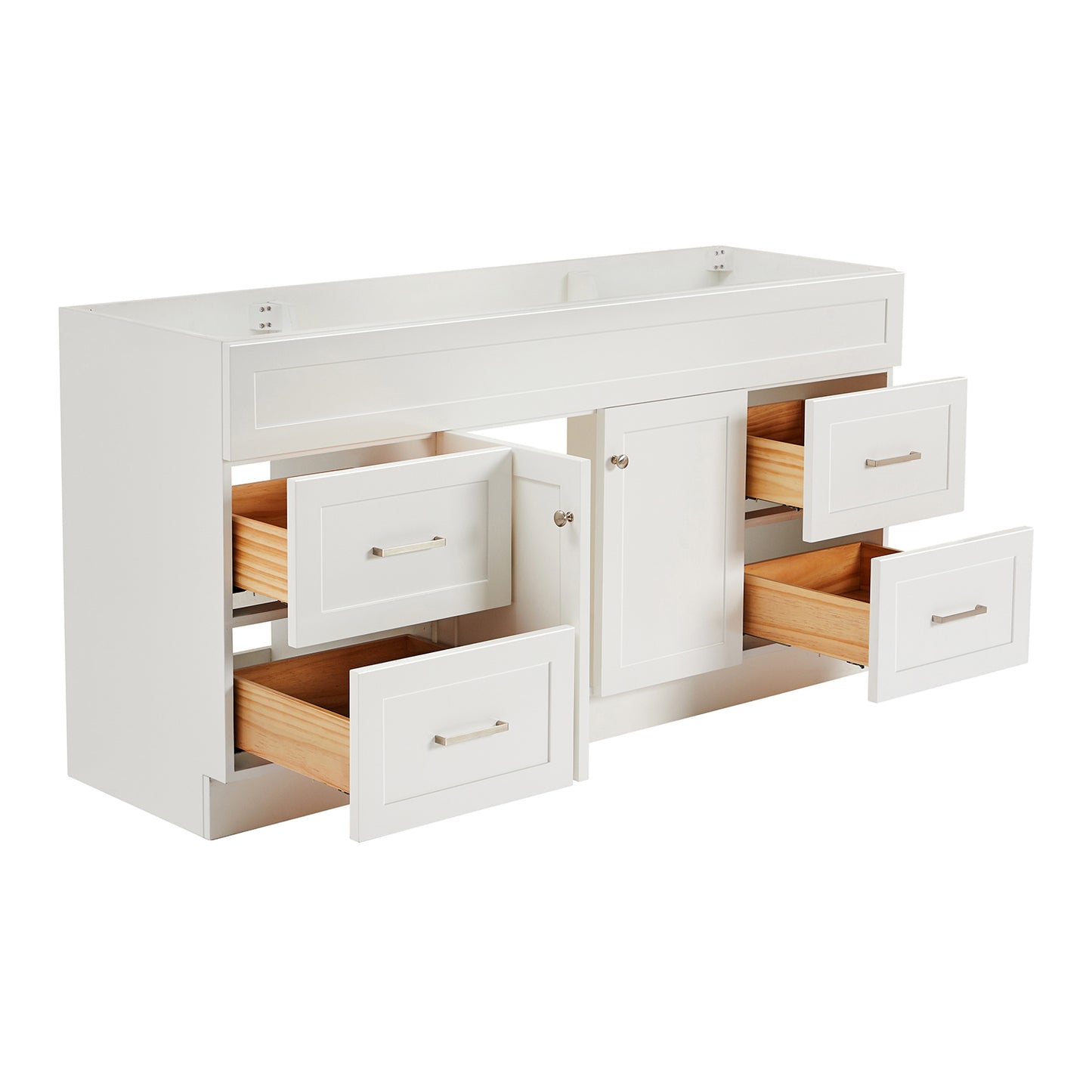 Bradford 66-inch White base cabinet on white back ground side view open door
