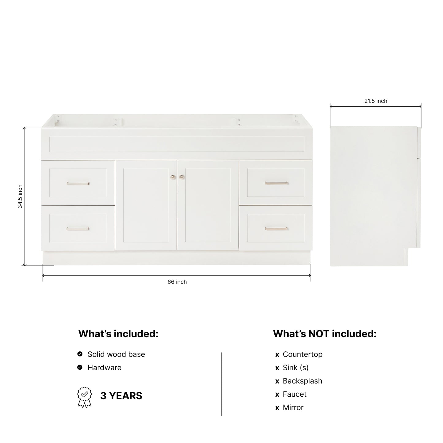 Bradford 66-inch White base cabinet on dimensions