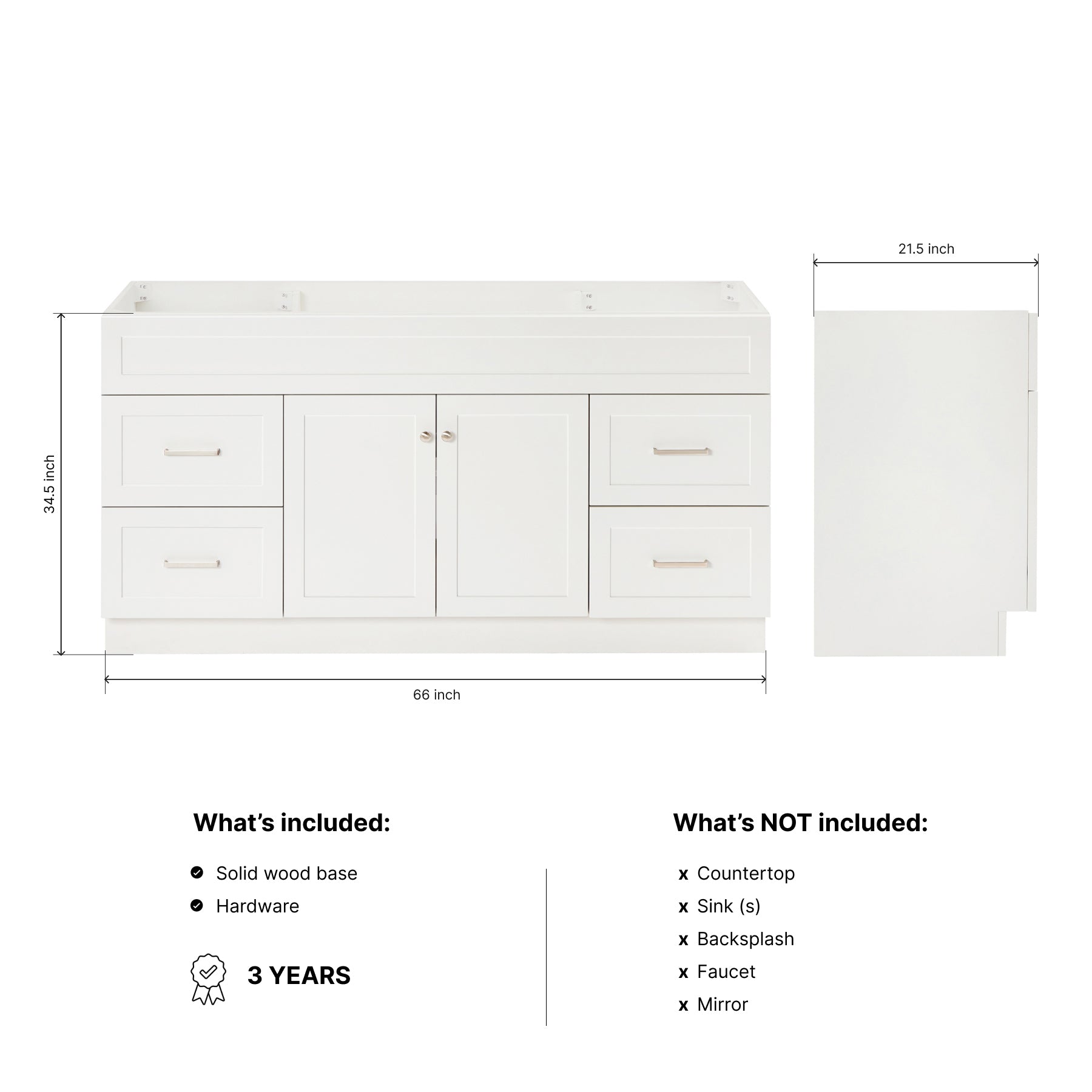 Bradford 66-inch White base cabinet on dimensions