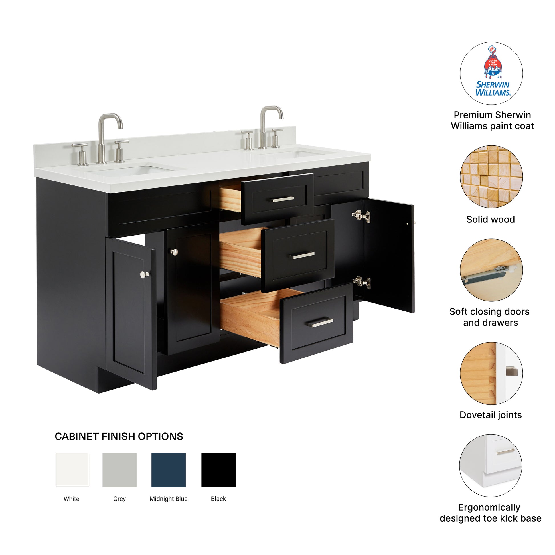 Bradford 66-Inch Black bathroom vanity – feature highlights: solid wood frame, soft-close doors and drawers, Sherwin-Williams paint finish