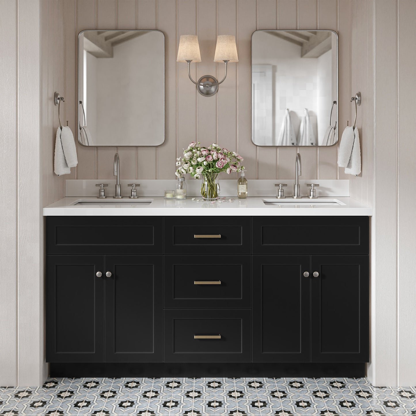 Bradford 66-Inch Black bathroom vanity in styled bathroom setting