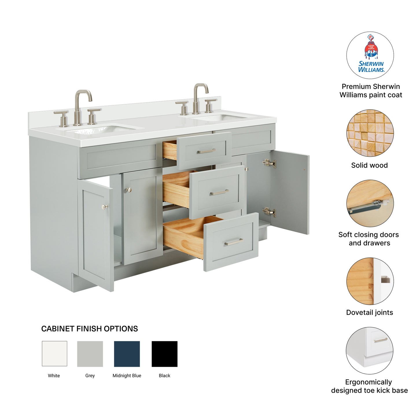Bradford 66-Inch Grey bathroom vanity – feature highlights: solid wood frame, soft-close doors and drawers, Sherwin-Williams paint finish