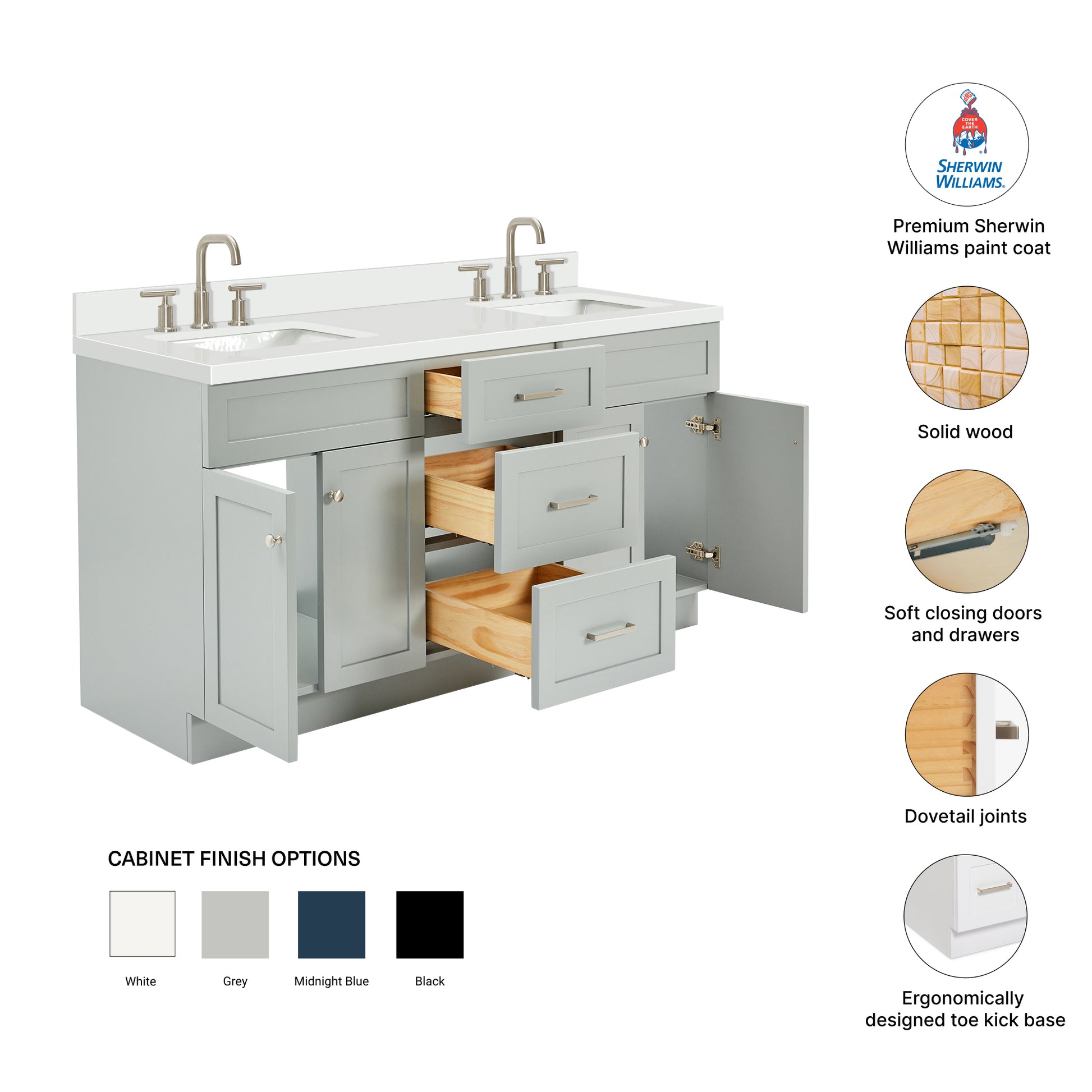 Bradford 66-Inch Grey bathroom vanity – feature highlights: solid wood frame, soft-close doors and drawers, Sherwin-Williams paint finish