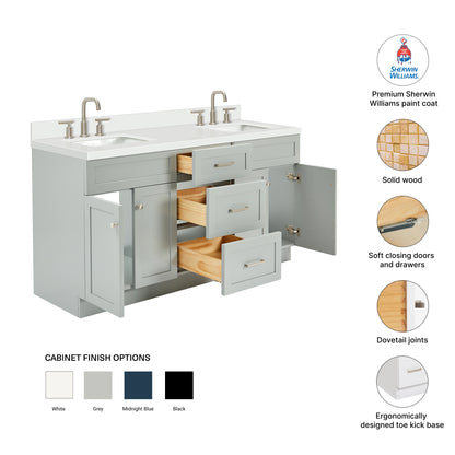 Bradford 66-Inch Grey bathroom vanity – feature highlights: solid wood frame, soft-close doors and drawers, Sherwin-Williams paint finish