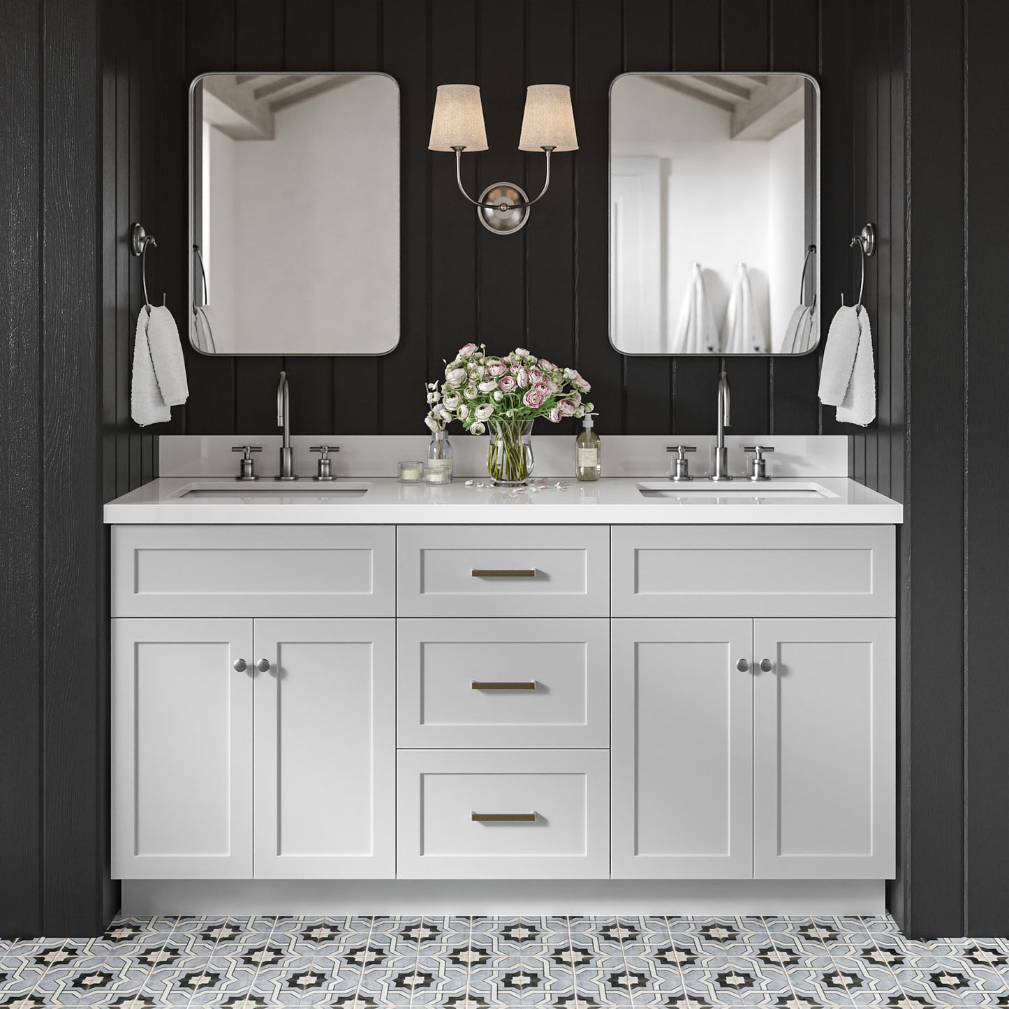 Bradford 66-Inch Grey bathroom vanity in styled bathroom setting