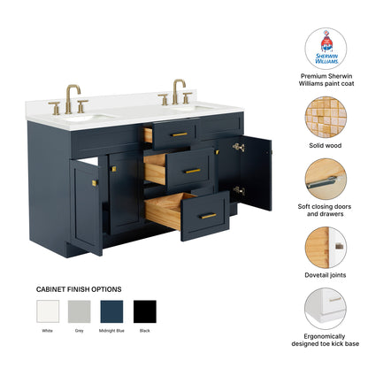 Bradford 66-Inch Midnight Blue bathroom vanity – feature highlights: solid wood frame, soft-close doors and drawers, Sherwin-Williams paint finish