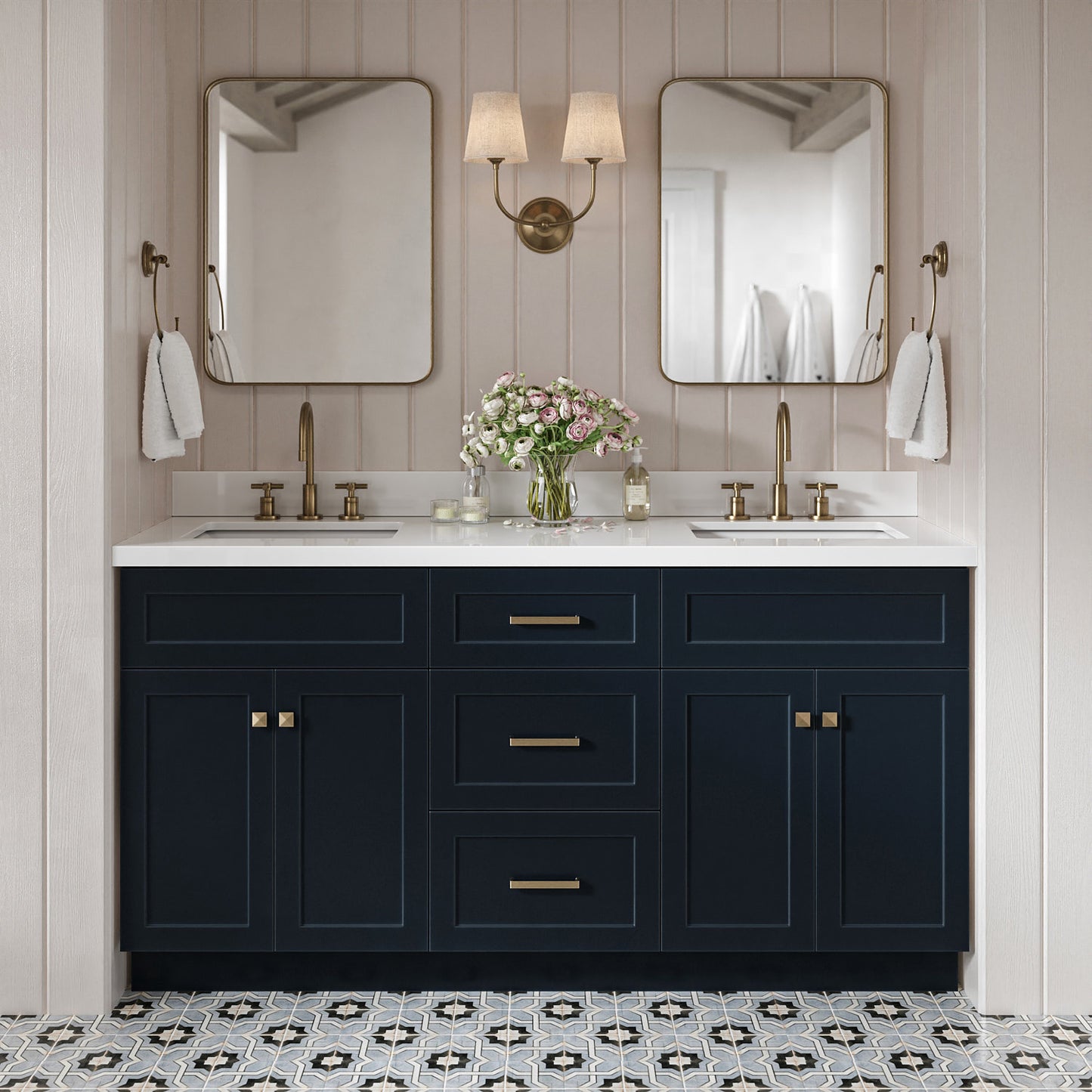 Bradford 66-Inch Midnight Blue bathroom vanity in styled bathroom setting