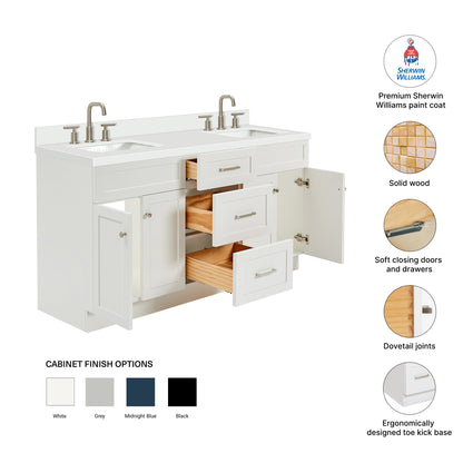 Bradford 66-Inch White bathroom vanity – feature highlights: solid wood frame, soft-close doors and drawers, Sherwin-Williams paint finish