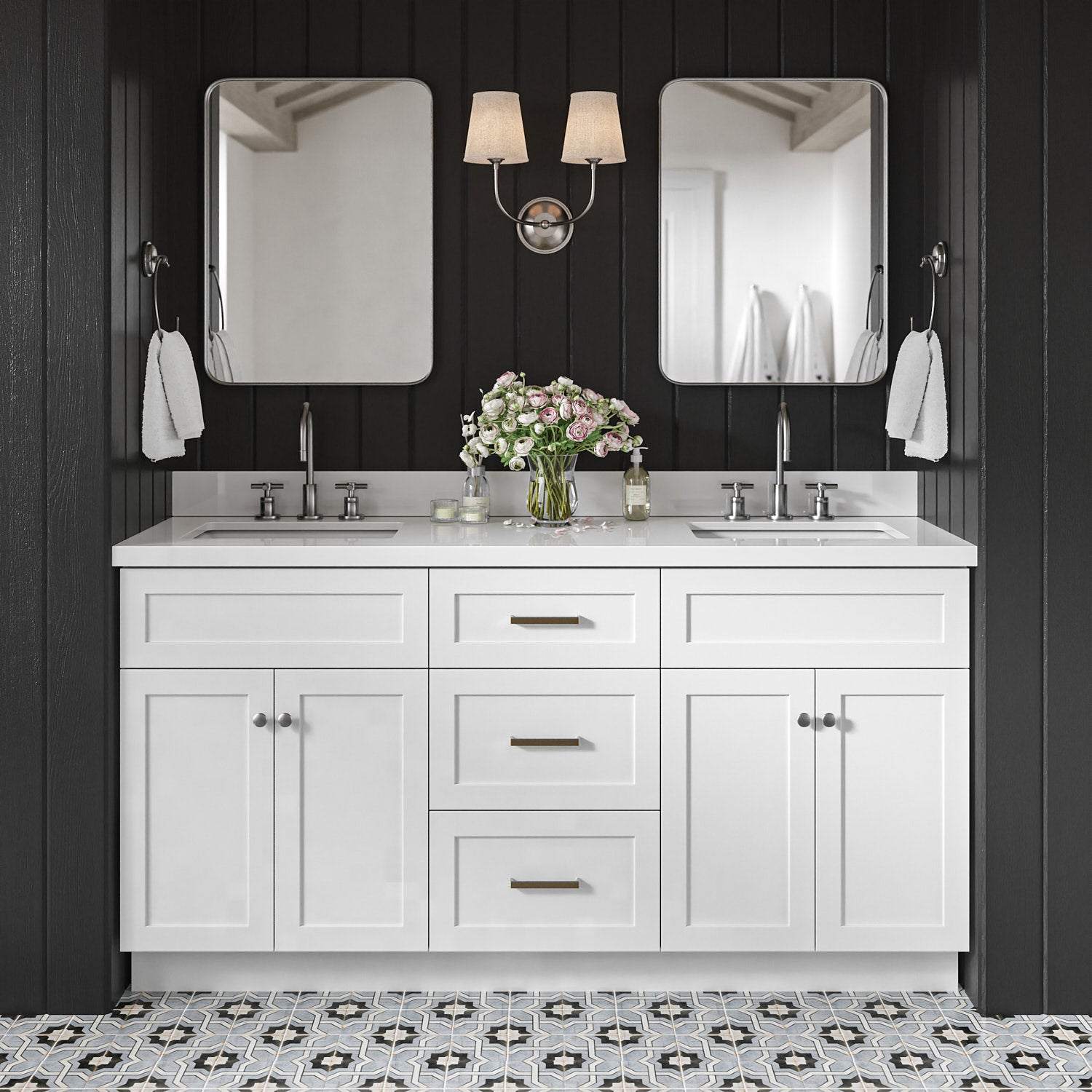 Bradford 66-Inch White bathroom vanity in styled bathroom setting