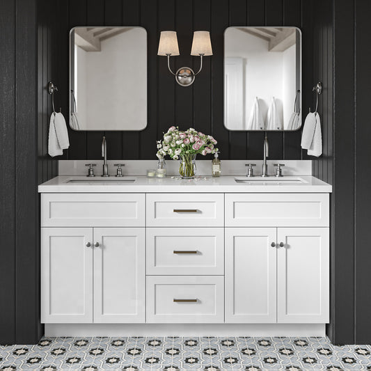 Bradford 66-Inch White bathroom vanity in styled bathroom setting