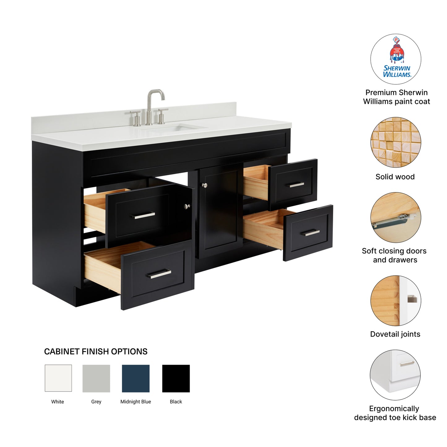Bradford 66-Inch Black bathroom vanity – feature highlights: solid wood frame, soft-close doors and drawers, Sherwin-Williams paint finish