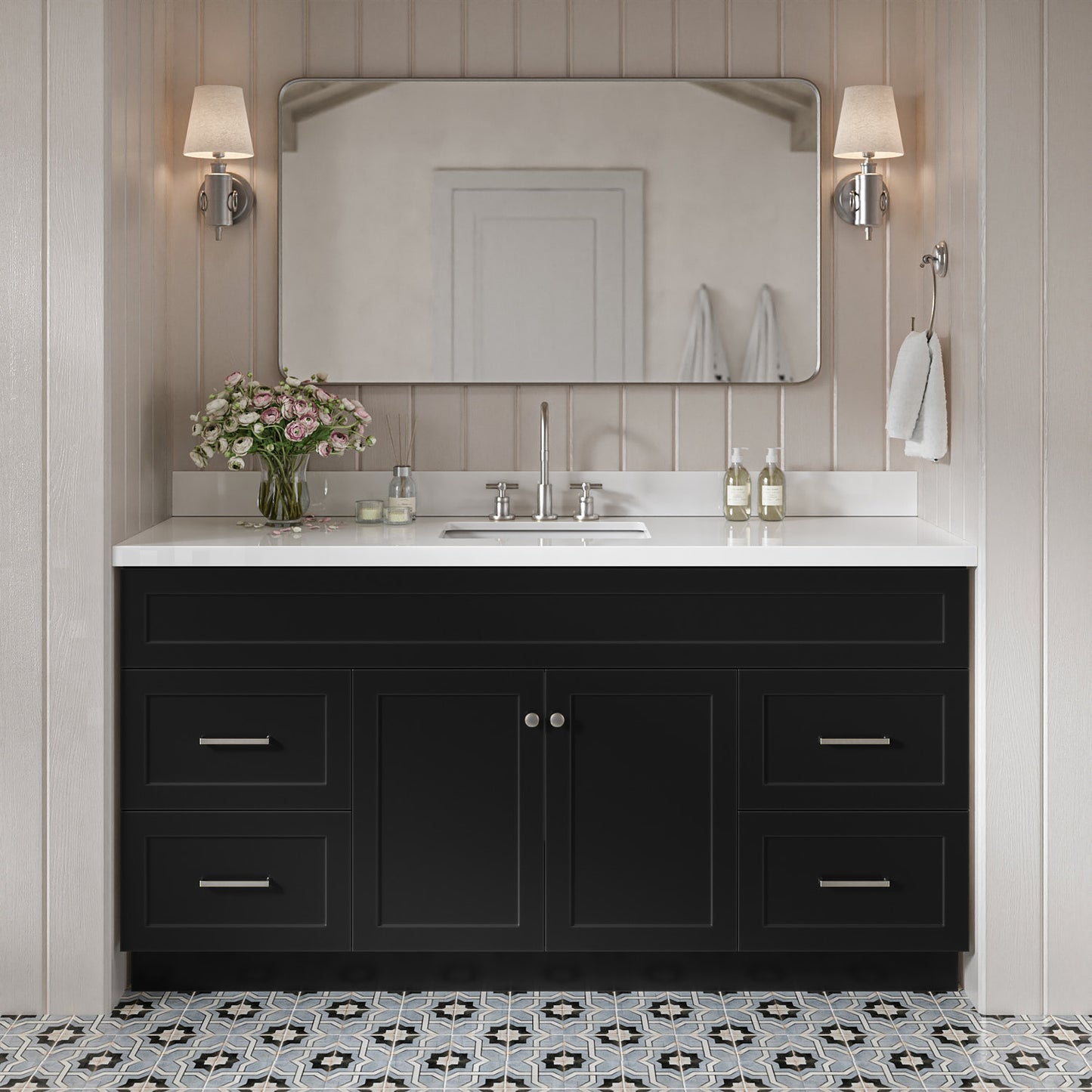 Bradford 66-Inch Black bathroom vanity in styled bathroom setting