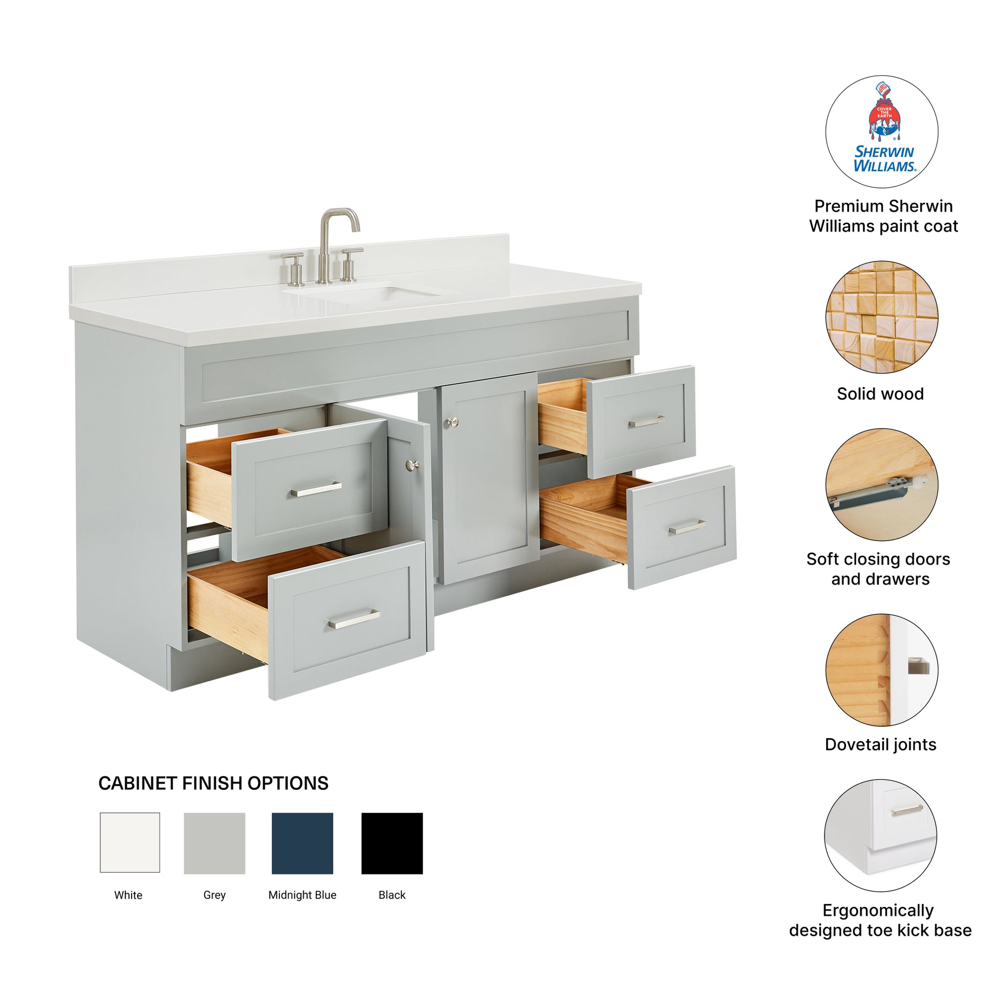 Bradford 66-Inch Grey bathroom vanity – feature highlights: solid wood frame, soft-close doors and drawers, Sherwin-Williams paint finish
