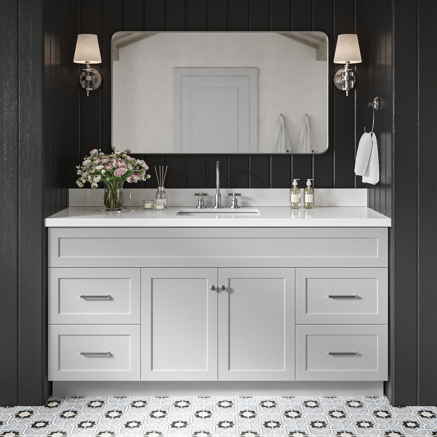 Bradford 66-Inch Grey bathroom vanity in styled bathroom setting